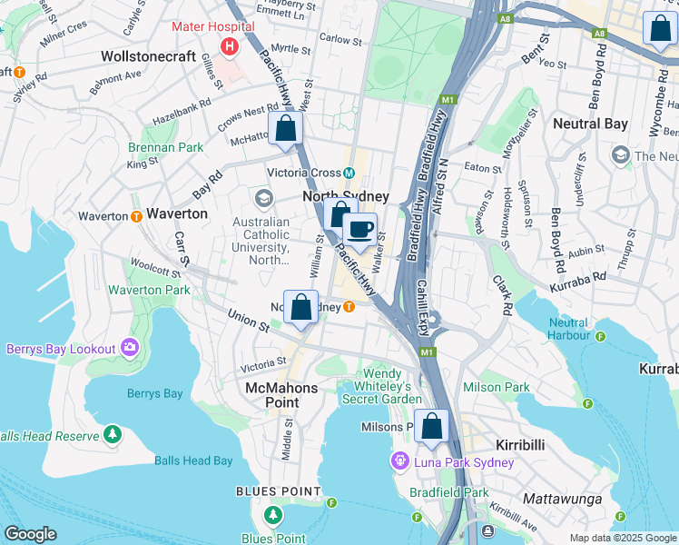 map of restaurants, bars, coffee shops, grocery stores, and more near 101 Miller Street in North Sydney