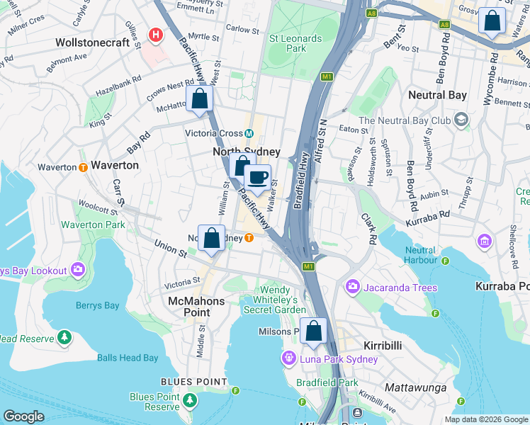 map of restaurants, bars, coffee shops, grocery stores, and more near 111 Pacific Highway in North Sydney