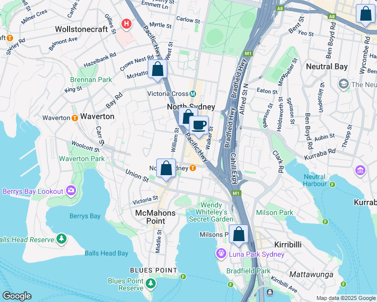 map of restaurants, bars, coffee shops, grocery stores, and more near 101 Miller Street in North Sydney