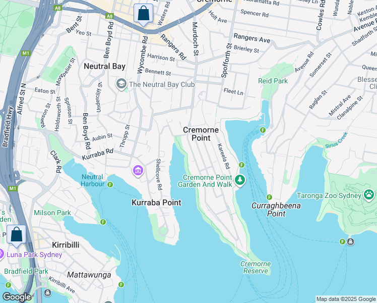 map of restaurants, bars, coffee shops, grocery stores, and more near 122 Milson Road in Cremorne Point