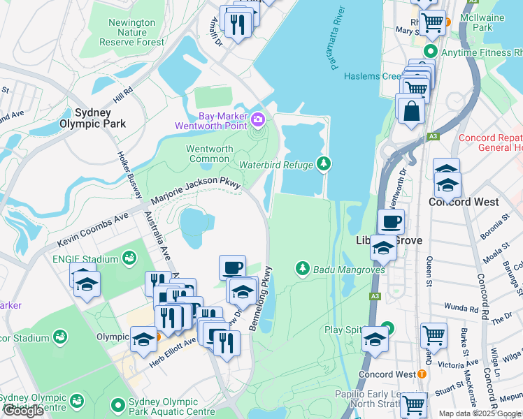 map of restaurants, bars, coffee shops, grocery stores, and more near Bennelong Parkway in Auburn City Council