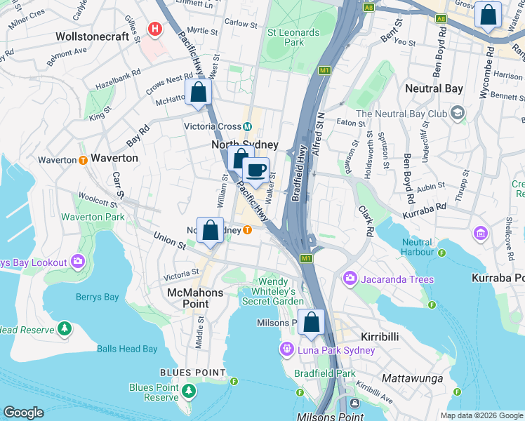 map of restaurants, bars, coffee shops, grocery stores, and more near 111 Pacific Highway in North Sydney