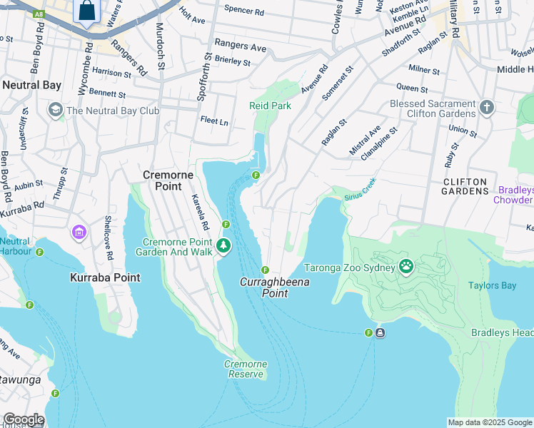 map of restaurants, bars, coffee shops, grocery stores, and more near 40 Musgrave Street in Mosman