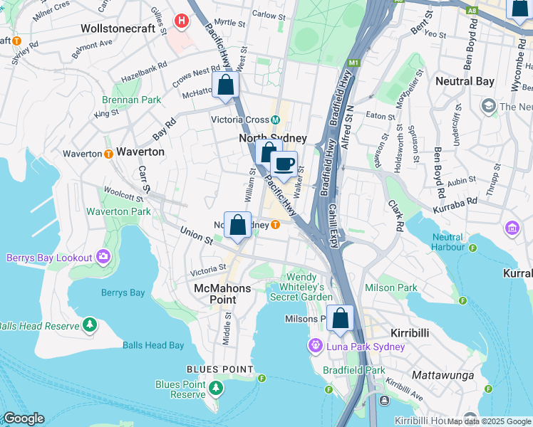 map of restaurants, bars, coffee shops, grocery stores, and more near 73 Miller Street in North Sydney