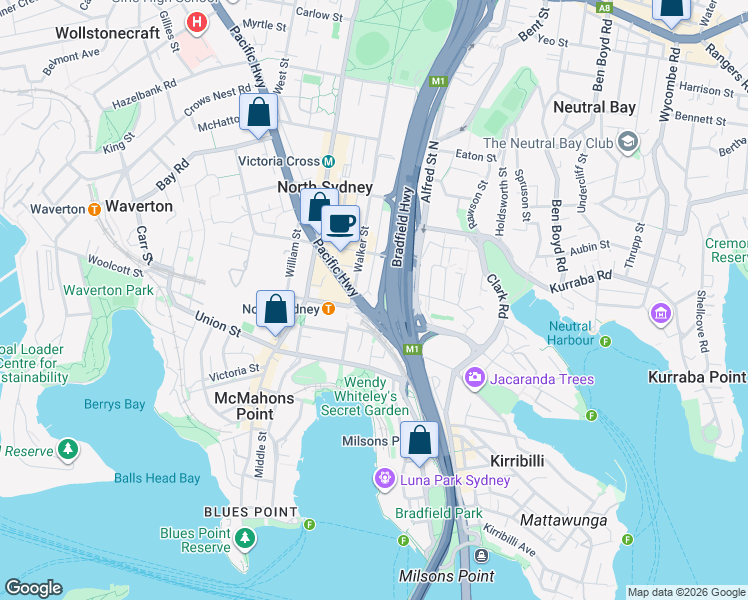 map of restaurants, bars, coffee shops, grocery stores, and more near 1 Pacific Highway in North Sydney
