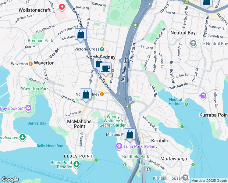 map of restaurants, bars, coffee shops, grocery stores, and more near 91 Pacific Highway in North Sydney