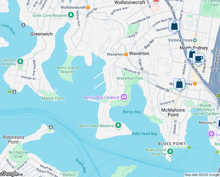 map of restaurants, bars, coffee shops, grocery stores, and more near Balls Head Drive in Waverton