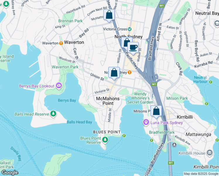 map of restaurants, bars, coffee shops, grocery stores, and more near 182 Blues Point Road in McMahons Point