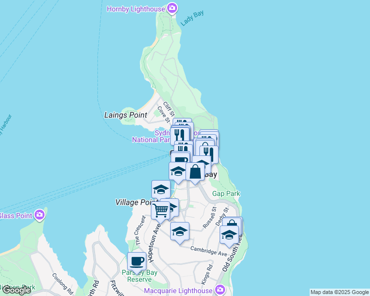 map of restaurants, bars, coffee shops, grocery stores, and more near 22 Military Road in Watsons Bay