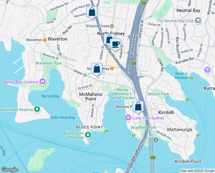 map of restaurants, bars, coffee shops, grocery stores, and more near 7 Lavender Crescent in Lavender Bay