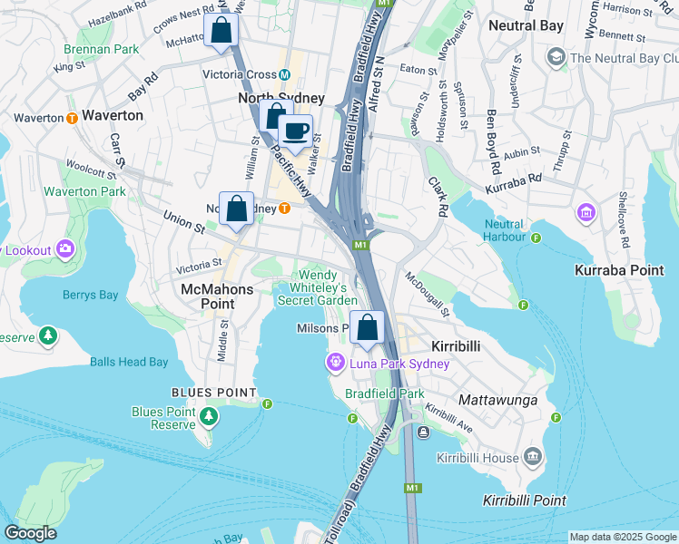 map of restaurants, bars, coffee shops, grocery stores, and more near 61 Lavender Street in Milsons Point