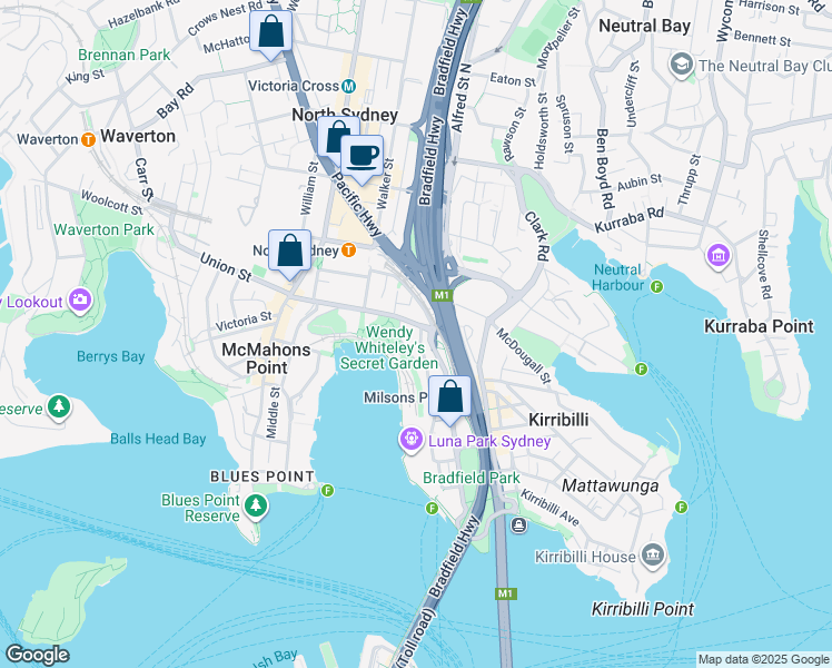map of restaurants, bars, coffee shops, grocery stores, and more near 61 Lavender Street in Milsons Point
