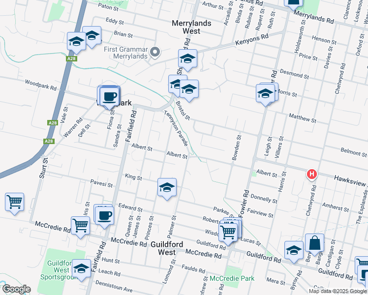 map of restaurants, bars, coffee shops, grocery stores, and more near 7 Tennyson Parade in Guildford West