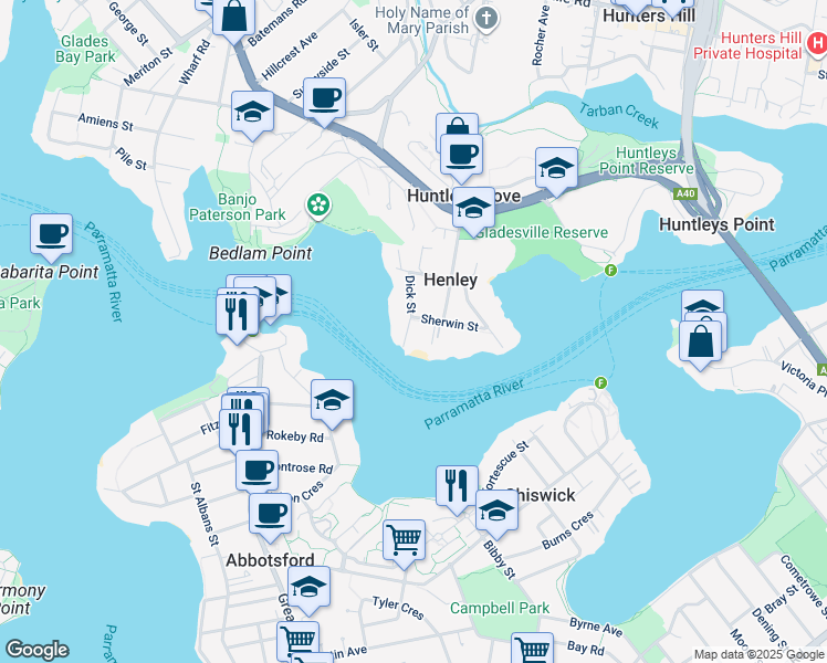 map of restaurants, bars, coffee shops, grocery stores, and more near 32 Dick St in Henley