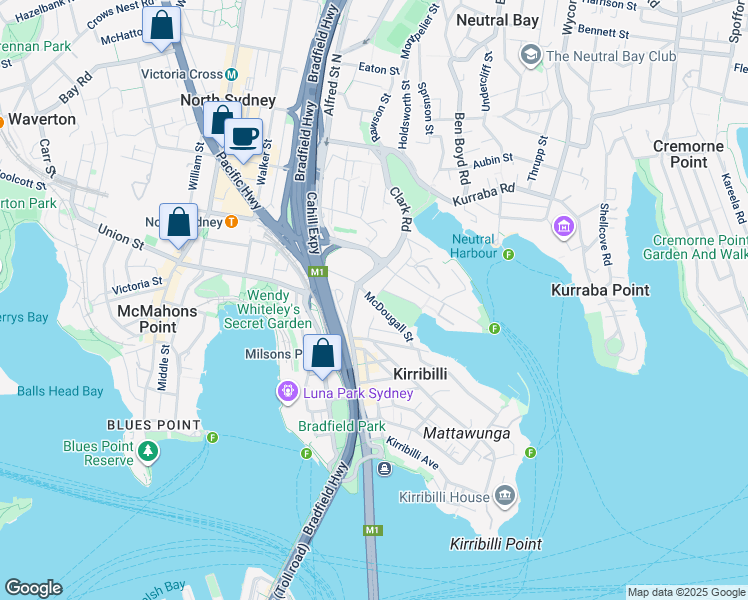 map of restaurants, bars, coffee shops, grocery stores, and more near McDougall Street in Kirribilli