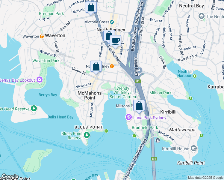 map of restaurants, bars, coffee shops, grocery stores, and more near Railway Avenue in Lavender Bay