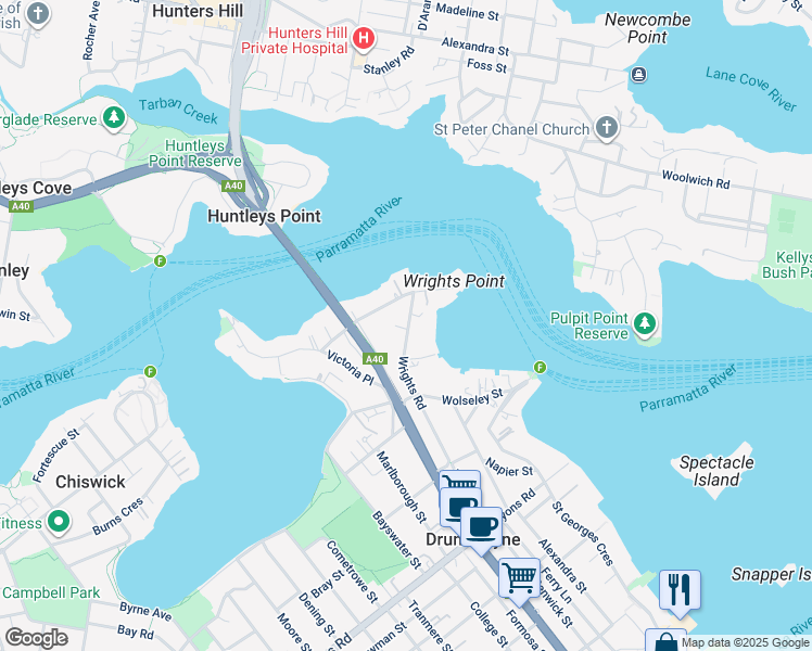 map of restaurants, bars, coffee shops, grocery stores, and more near 59 Wrights Road in Drummoyne