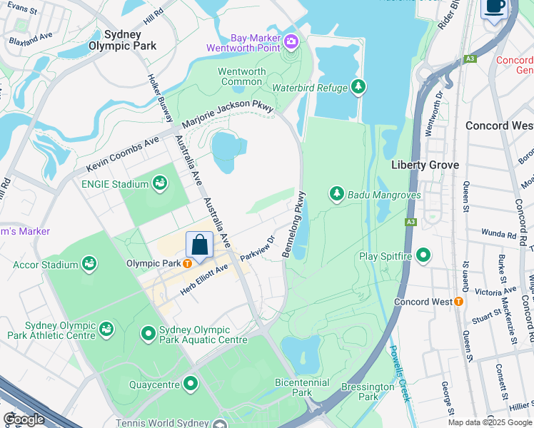 map of restaurants, bars, coffee shops, grocery stores, and more near 5 Murray Rose Avenue in Sydney Olympic Park