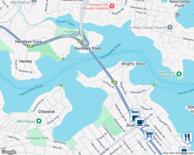 map of restaurants, bars, coffee shops, grocery stores, and more near 332 Victoria Place in Drummoyne