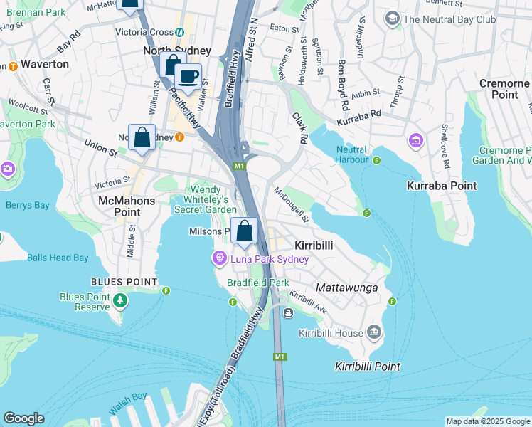map of restaurants, bars, coffee shops, grocery stores, and more near 51 Broughton Street in Kirribilli