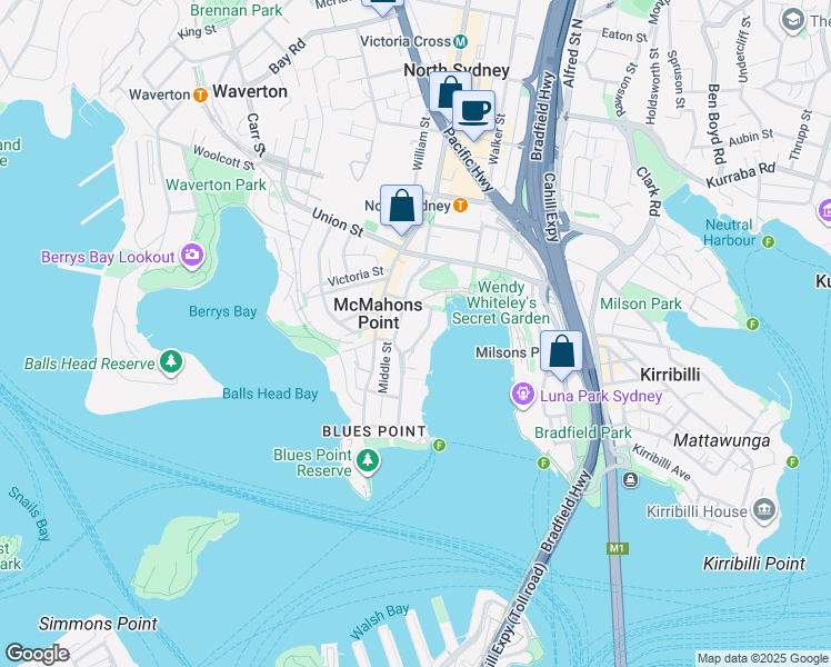 map of restaurants, bars, coffee shops, grocery stores, and more near 12 Bay View Street in Lavender Bay