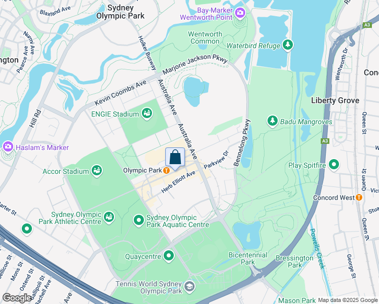 map of restaurants, bars, coffee shops, grocery stores, and more near 8 Australia Avenue in Sydney Olympic Park