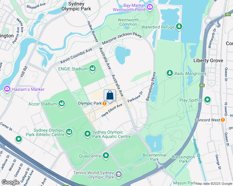 map of restaurants, bars, coffee shops, grocery stores, and more near 8 Australia Avenue in Sydney Olympic Park