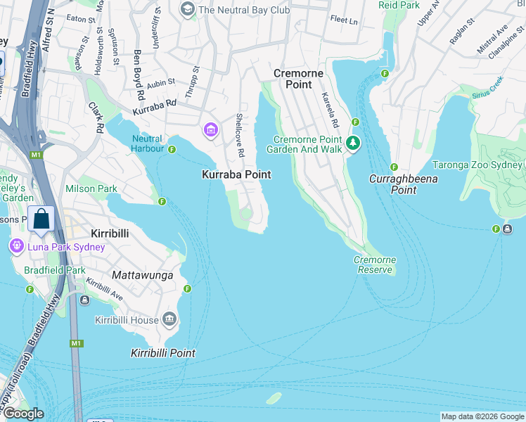map of restaurants, bars, coffee shops, grocery stores, and more near 23 Baden Road in Neutral Bay