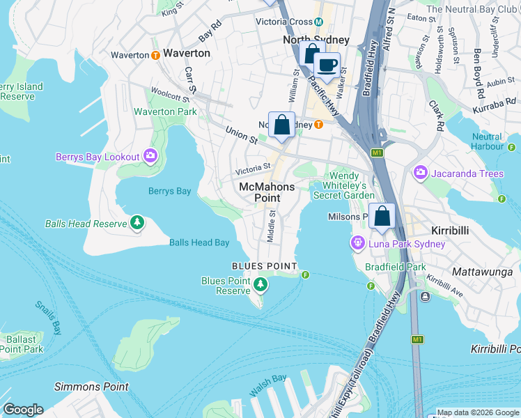 map of restaurants, bars, coffee shops, grocery stores, and more near 118 Blues Point Road in McMahons Point