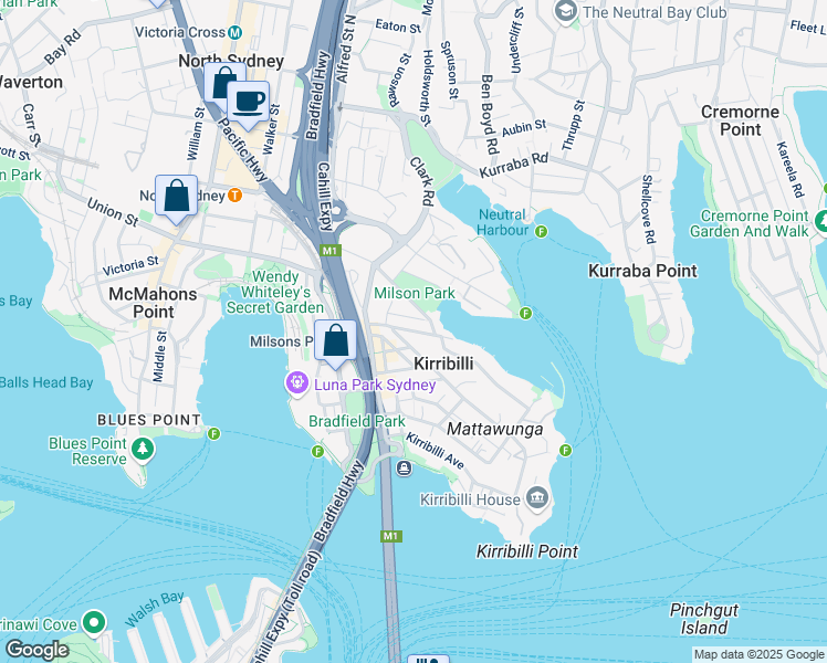 map of restaurants, bars, coffee shops, grocery stores, and more near Willoughby Street in Kirribilli