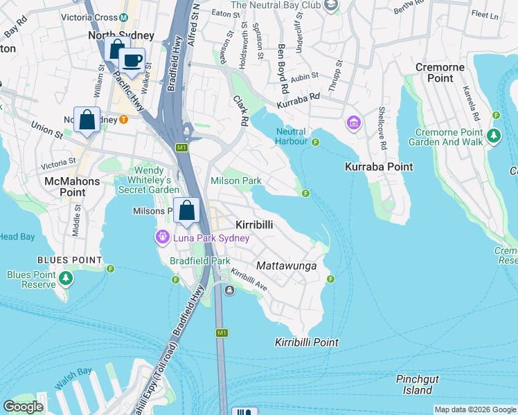 map of restaurants, bars, coffee shops, grocery stores, and more near 64 Willoughby Street in Kirribilli