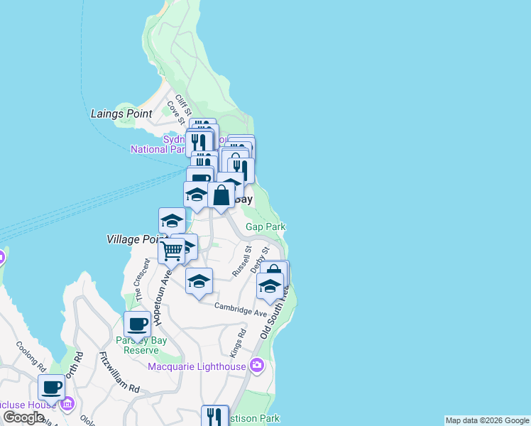map of restaurants, bars, coffee shops, grocery stores, and more near 327 Old South Head Road in Watsons Bay
