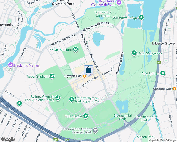 map of restaurants, bars, coffee shops, grocery stores, and more near 9 Murray Rose Avenue in Sydney Olympic Park