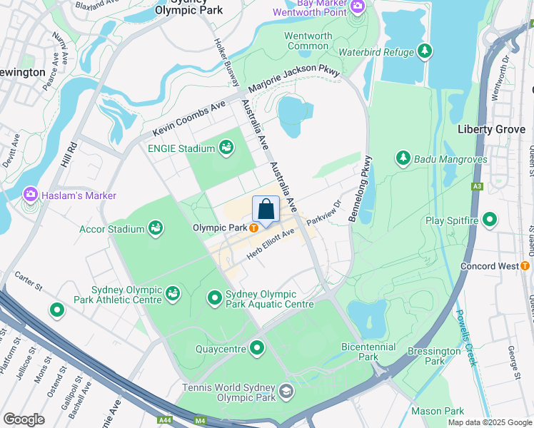 map of restaurants, bars, coffee shops, grocery stores, and more near 9 Murray Rose Avenue in Sydney Olympic Park
