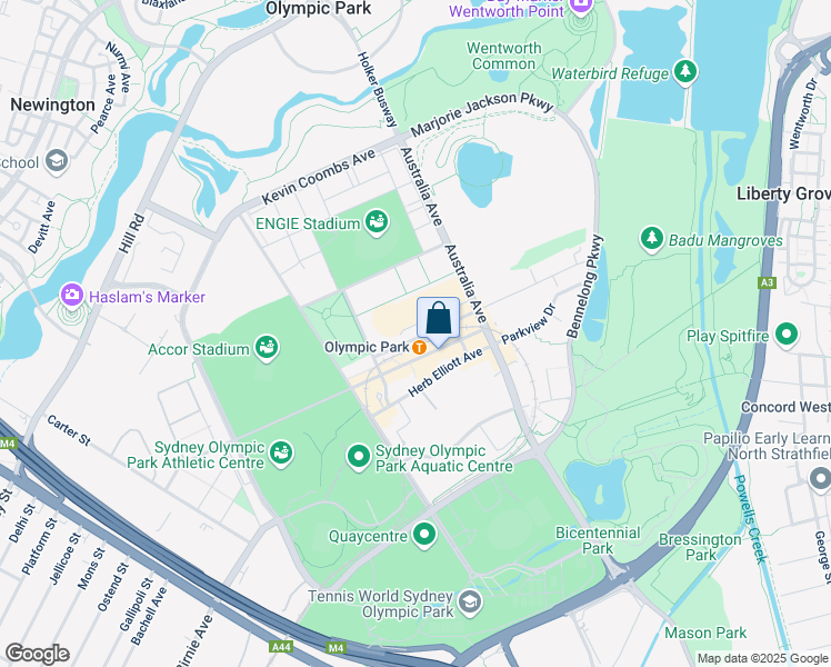 map of restaurants, bars, coffee shops, grocery stores, and more near 11 Murray Rose Avenue in Sydney Olympic Park