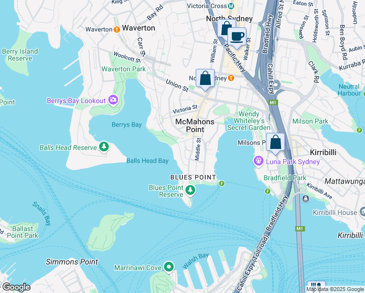 map of restaurants, bars, coffee shops, grocery stores, and more near 90 Blues Point Road in McMahons Point