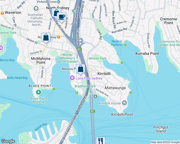 map of restaurants, bars, coffee shops, grocery stores, and more near 21 Broughton Street in Kirribilli