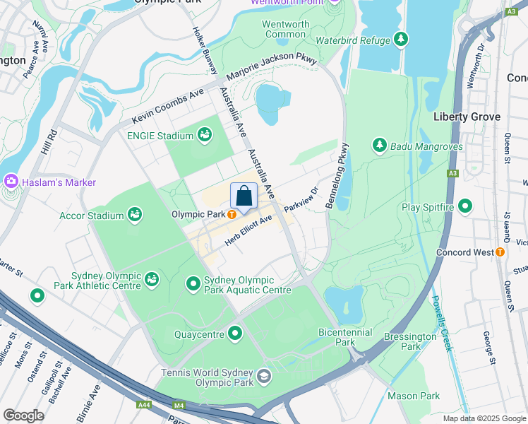 map of restaurants, bars, coffee shops, grocery stores, and more near 2 Dawn Fraser Avenue in Sydney Olympic Park
