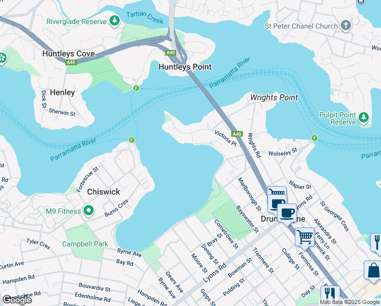 map of restaurants, bars, coffee shops, grocery stores, and more near 345 Victoria Place in Drummoyne