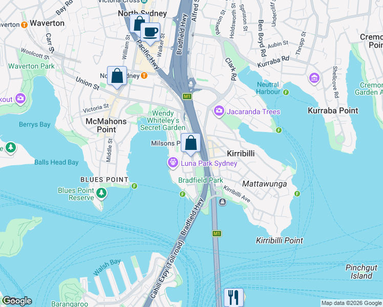 map of restaurants, bars, coffee shops, grocery stores, and more near Alfred Street South in Milsons Point