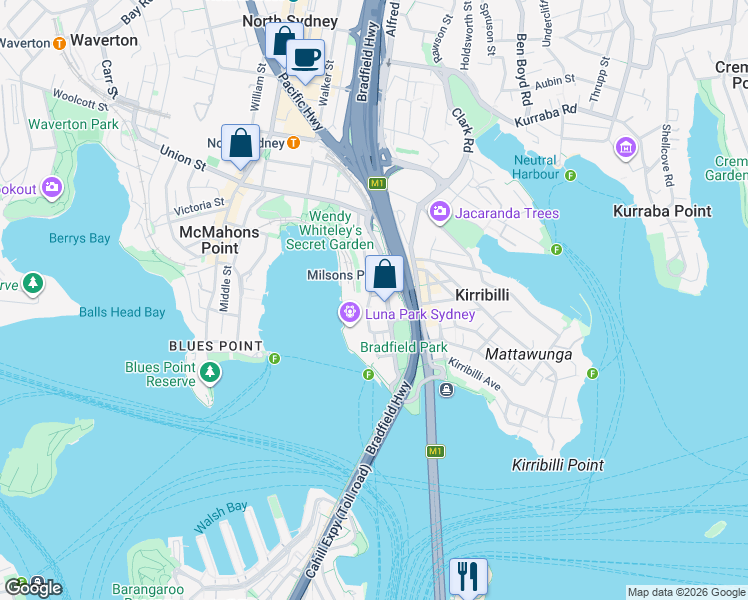 map of restaurants, bars, coffee shops, grocery stores, and more near 37 Glen Street in Milsons Point