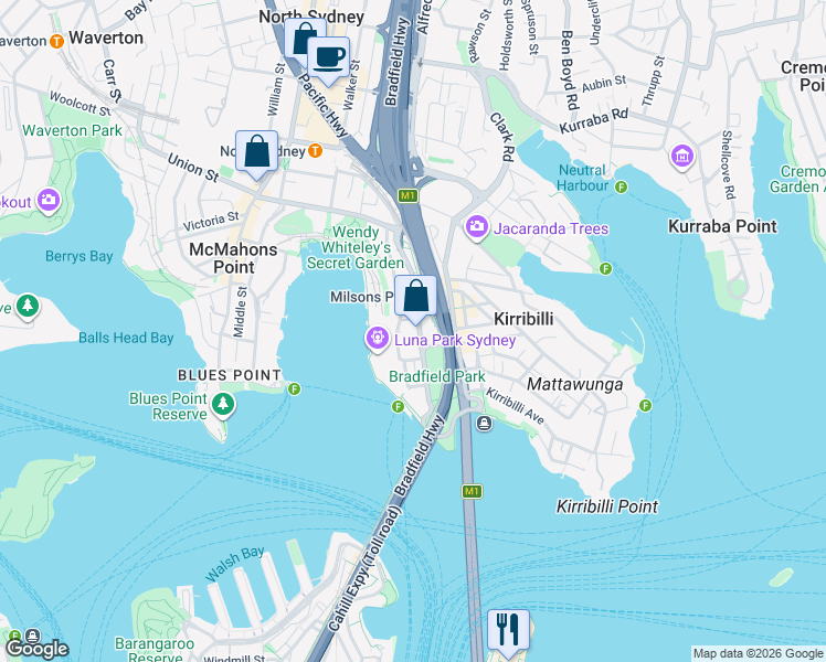map of restaurants, bars, coffee shops, grocery stores, and more near 52 Alfred Street South in Milsons Point
