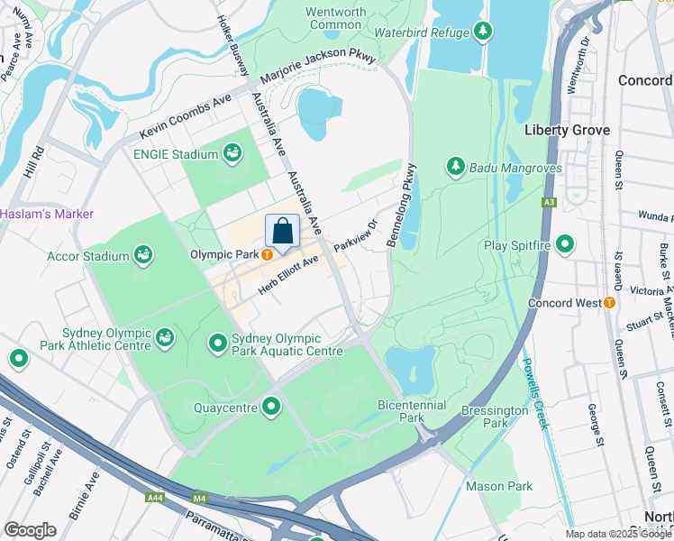 map of restaurants, bars, coffee shops, grocery stores, and more near Australia Avenue in Sydney Olympic Park