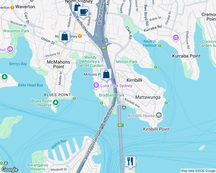 map of restaurants, bars, coffee shops, grocery stores, and more near 52 Alfred Street South in Milsons Point