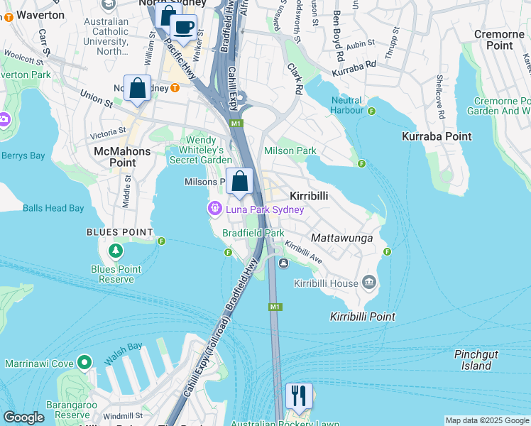 map of restaurants, bars, coffee shops, grocery stores, and more near Broughton St in Kirribilli