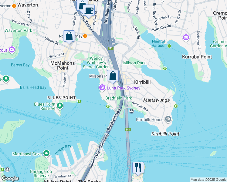 map of restaurants, bars, coffee shops, grocery stores, and more near 38 Alfred Street South in Milsons Point