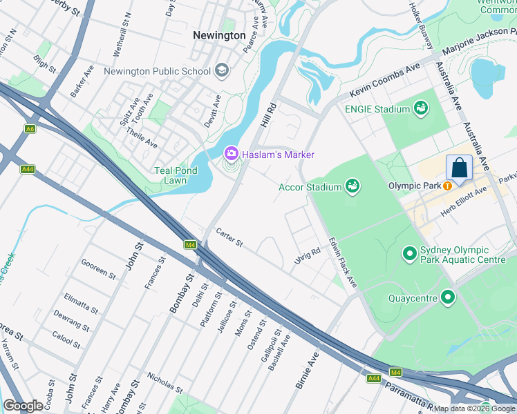 map of restaurants, bars, coffee shops, grocery stores, and more near 29 Carter Street in Lidcombe