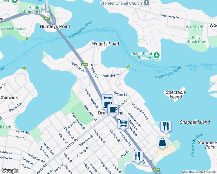 map of restaurants, bars, coffee shops, grocery stores, and more near 25 Collingwood Street in Drummoyne