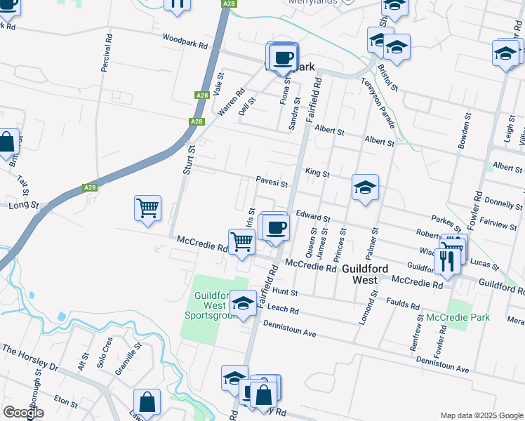 map of restaurants, bars, coffee shops, grocery stores, and more near 20 Karani Avenue in Guildford West