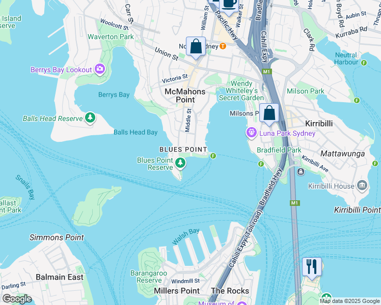 map of restaurants, bars, coffee shops, grocery stores, and more near Henry Lawson Avenue in McMahons Point